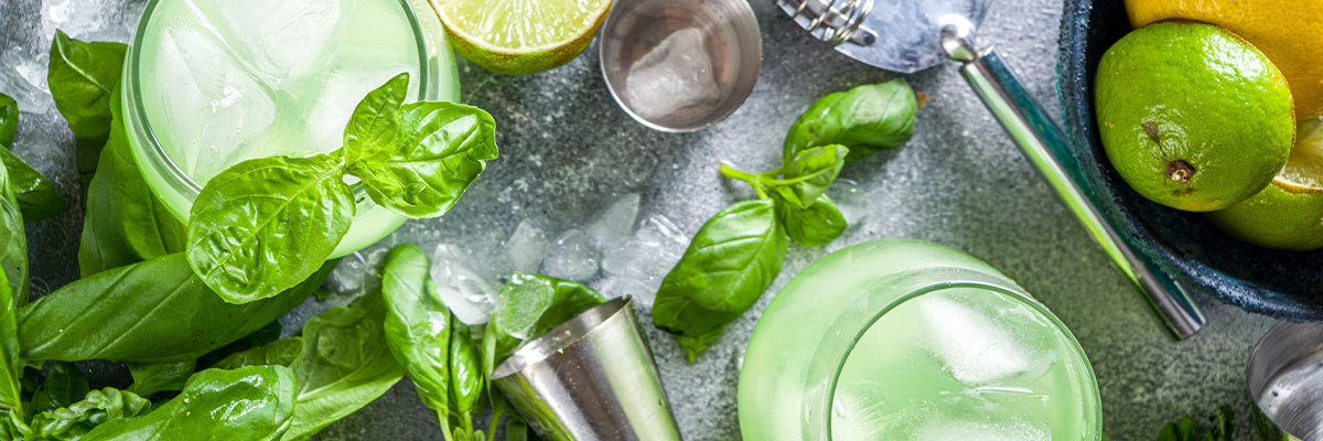 Gin-cocktail basilikalla ja limellä yrtit